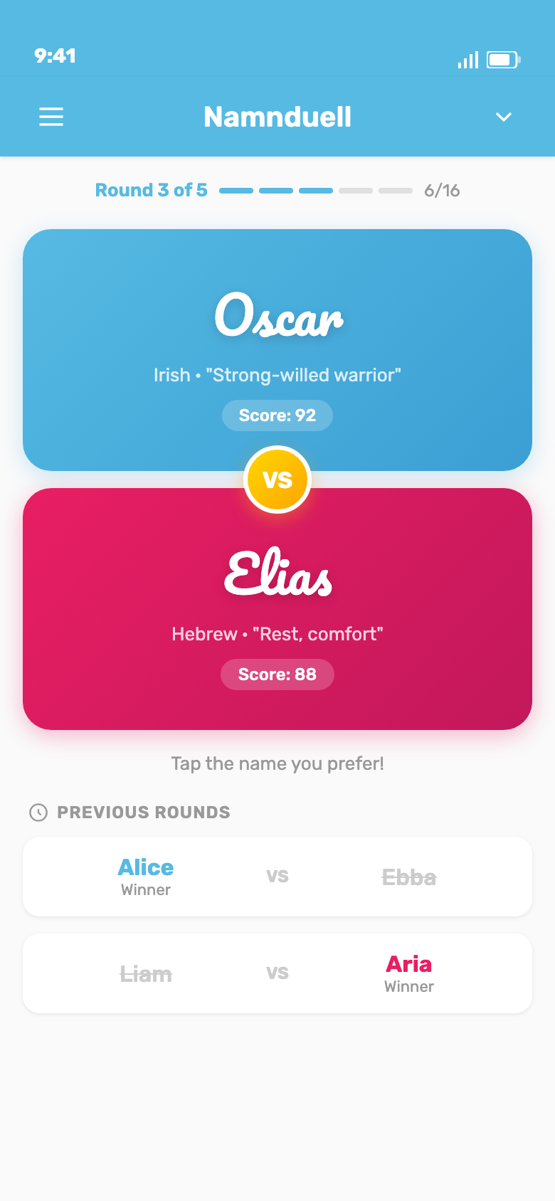 Namnduell-turnering för att hitta det bästa babynamnet genom matchningar